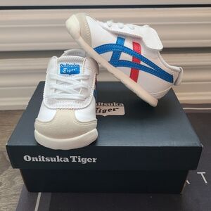Onitsuka Tiger White Sneakers with Blue & Red Stripes
